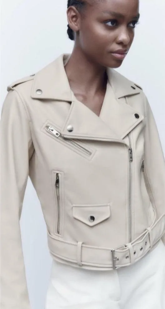 Zara cream faux leather moto jacket - Image 2