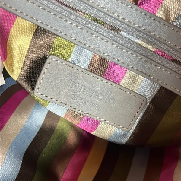 Tignanello rare Blue Leather Shoulder Bag multi striped interior - Image 2