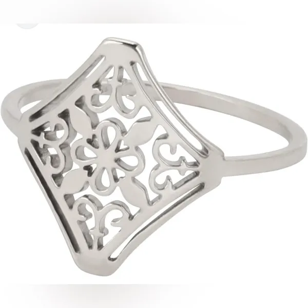 NEW 14k White Gold Plated 316L Cut Out Hollow Filigree Flower Ring,‎ Size 8 - Image 2