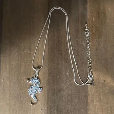 Blue Rhinestone Seahorse Pendant Silver - Image 2