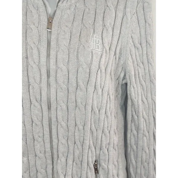 Lauren Ralph Lauren Light‎ Gray Cable Knit Zip Up Sweater Womens MED CabinCore - Image 2