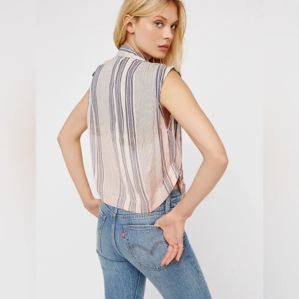 Free People Ombré Baby Blue Striped Button-Down Shirt with Tie Sleeves - Image 15