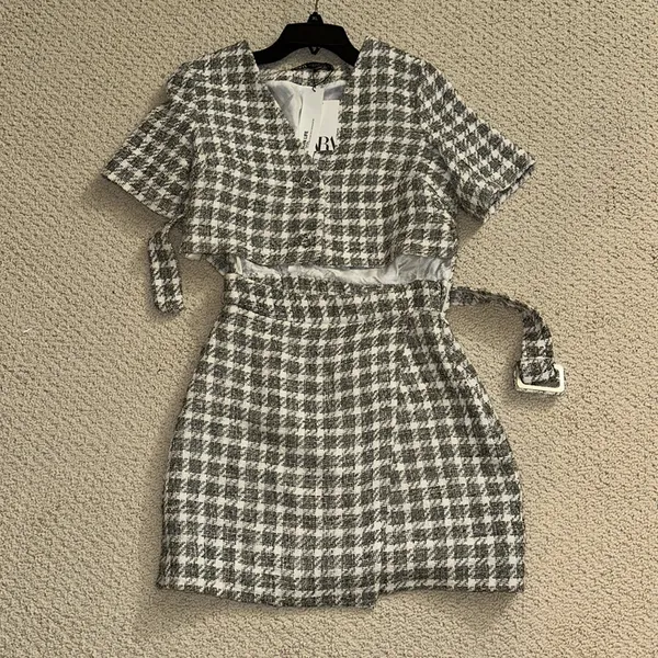 Zara Ecru Textured Check Cut-Out Mini Dress - Image 5