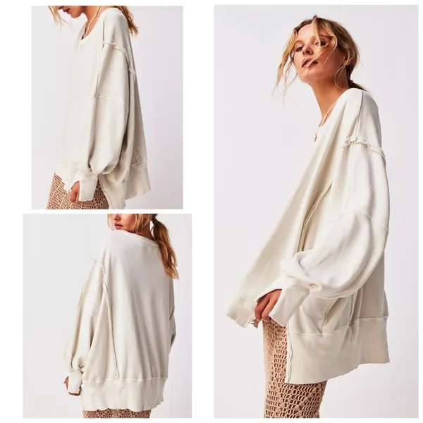 NEW! WE THE FREE PEOPLE Camden LARGE Gray Opal Cream Off-Shoulder Sweatshirt - Image 2