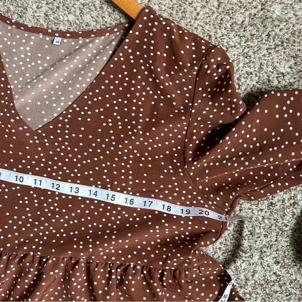 🦋 Brown White Polka Dot Ruffle Long Sleeve Baloon Sleeve Mini Dress Fall XL - Image 5