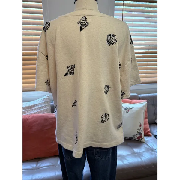 Maeve Anthropologie Embroidered Seashell Short Sleeve Sweatshirt XL Oatmeal - Image 4