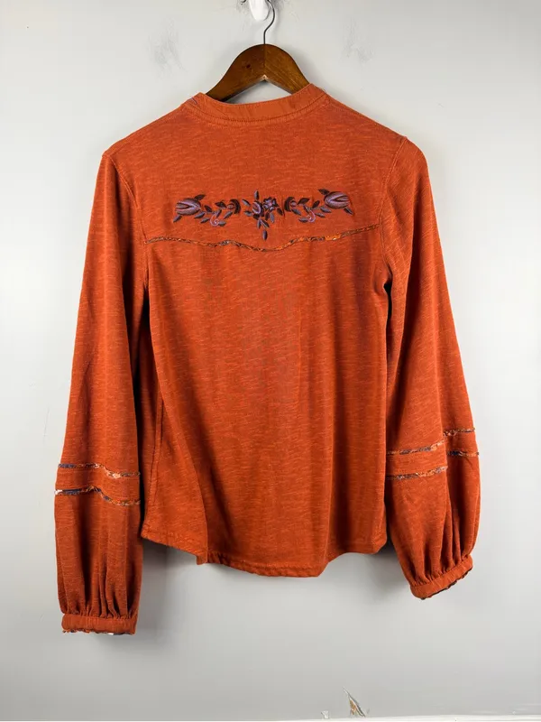 Free People Orange Cedar Sundance Kid Embroidered Western Henley Shirt Size S - Image 6