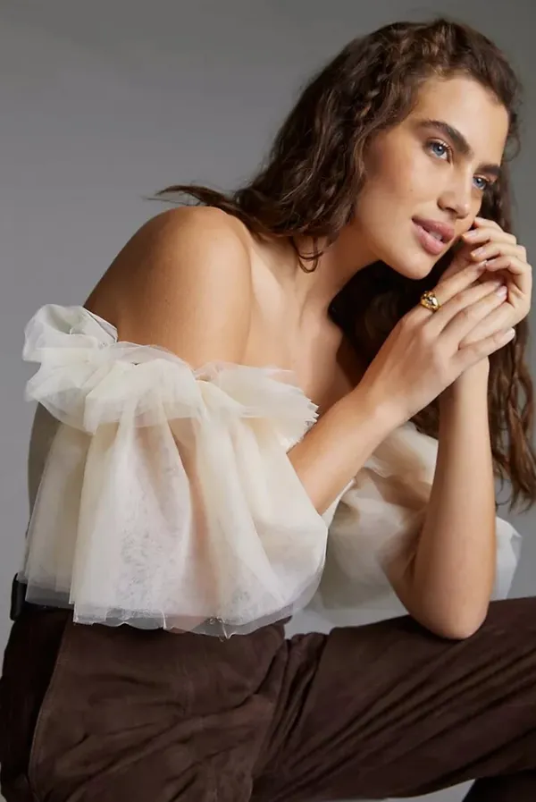 Anthropologie Sunday In Brooklyn Tulle Off The Shoulder Blouse Top Ivory Xl - Image 5