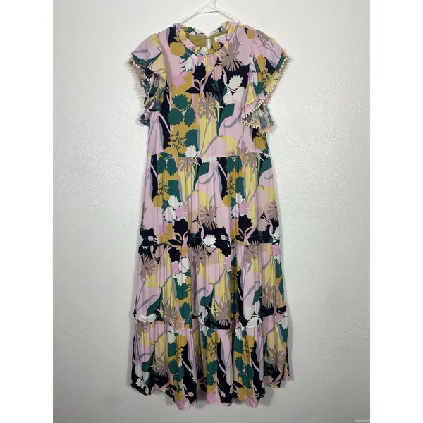 pantsstore Floral Ruffle Maxi Dress Pom Pom Accents Pink Yellow Green Size S - Image 2