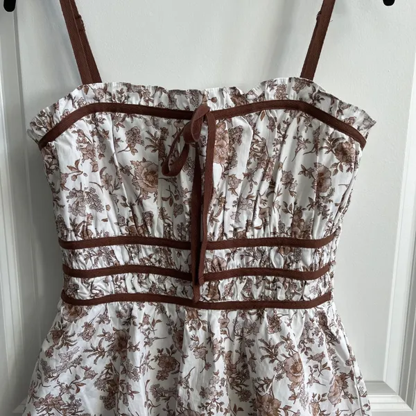 Francesca's Floral Romper Womens Medium White Brown Cottagecore Tiered‎ Ruffle - Image 2