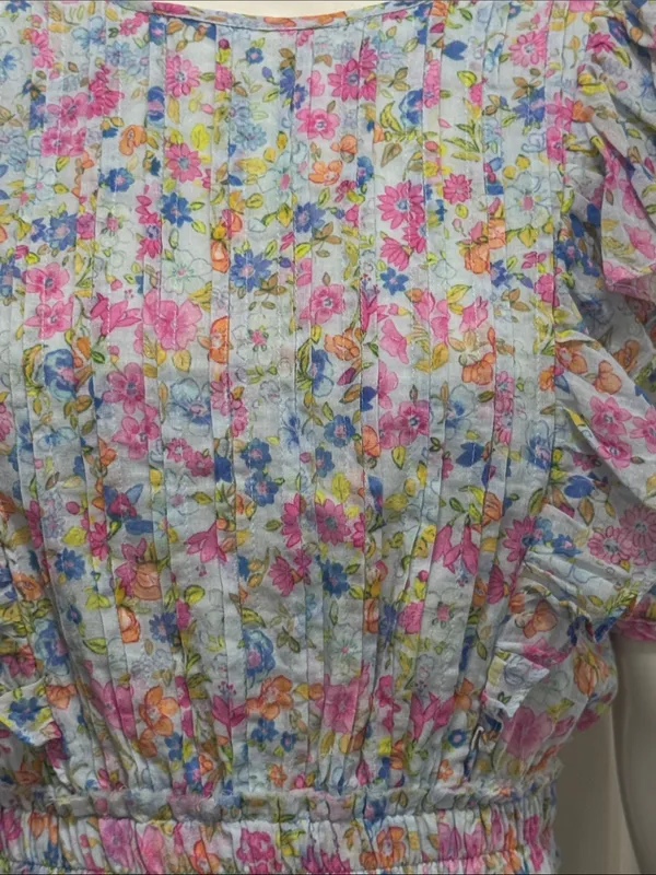 LoveShackFancy 100% Cotton Smocked Ruffle Mini Dress Blue & Pink Floral Size XS - Image 6