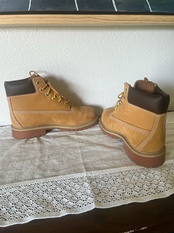 Timberland 6-Inch Premium Waterproof Boots in Wheat Nubuck color, boys size 3. - Image 4