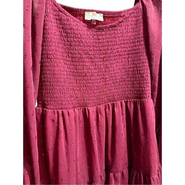 Altar’d State Women’s Vibrant Burgundy Babydoll Tiered Long Sleeve Dress Sparkle - Image 6