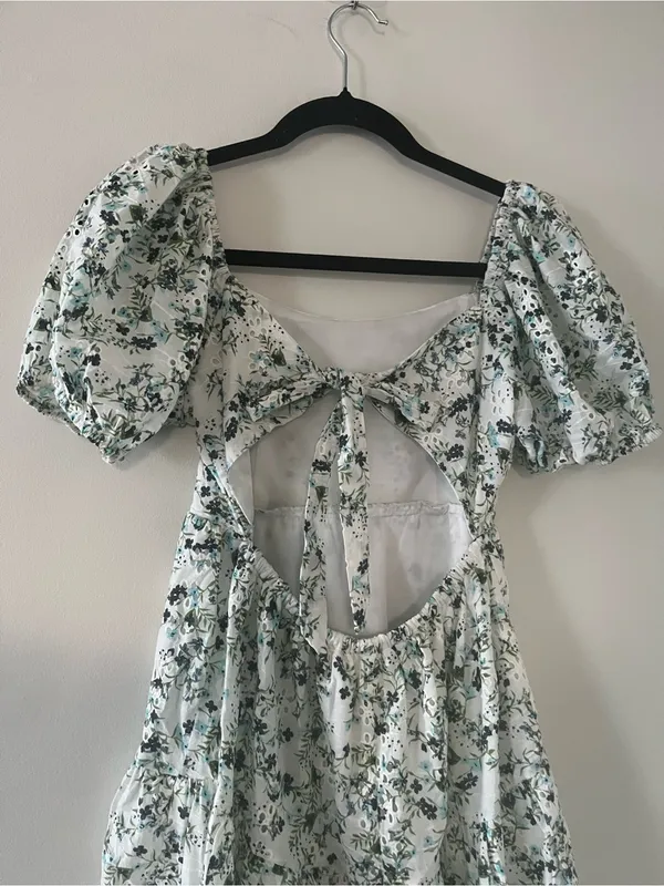100% Cotton Green White Floral Puff Sleeve Mini Dress Small Cottagecore Romantic - Image 5