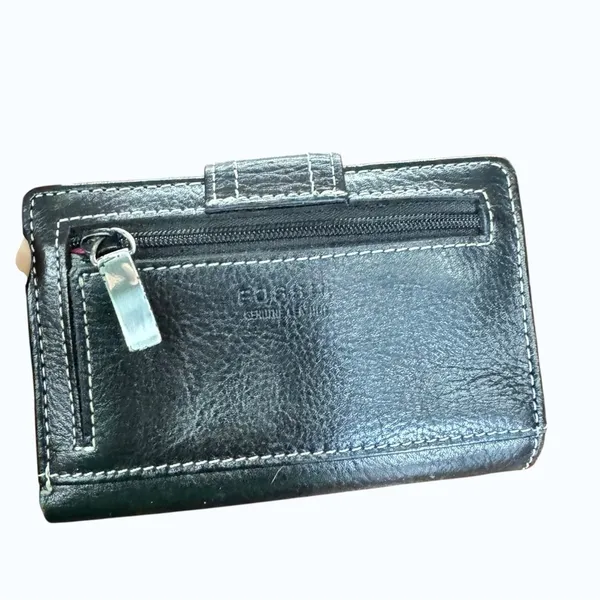 Fossil Black Leather Wallet Pink Interior Bifold Snap Tab Zip Pocket - Image 3