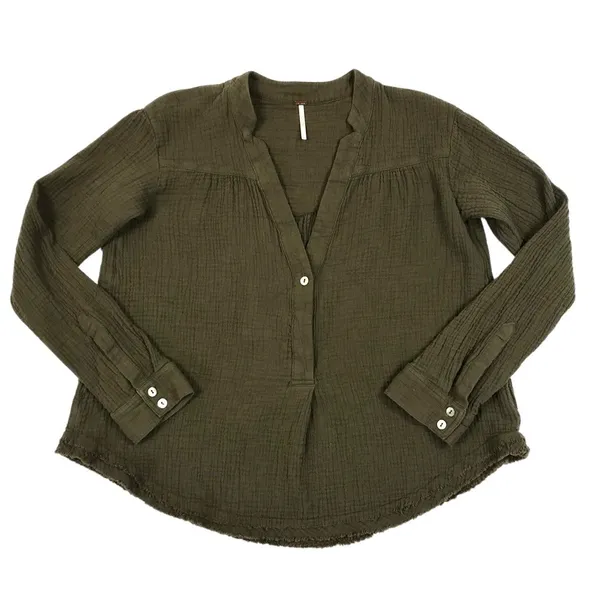 FREE PEOPLE Changing Horizons V Neck Top Sz S Olive Green Gauze Oversize Boho - Image 5
