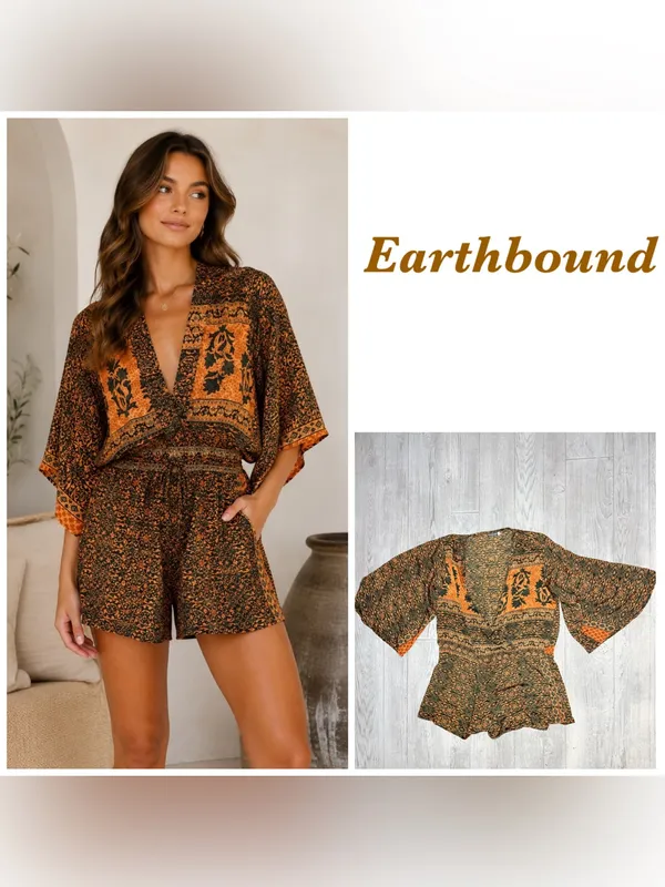 Earthbound neutral short Bell sleeve shorts romper boho small outfit - Image 2