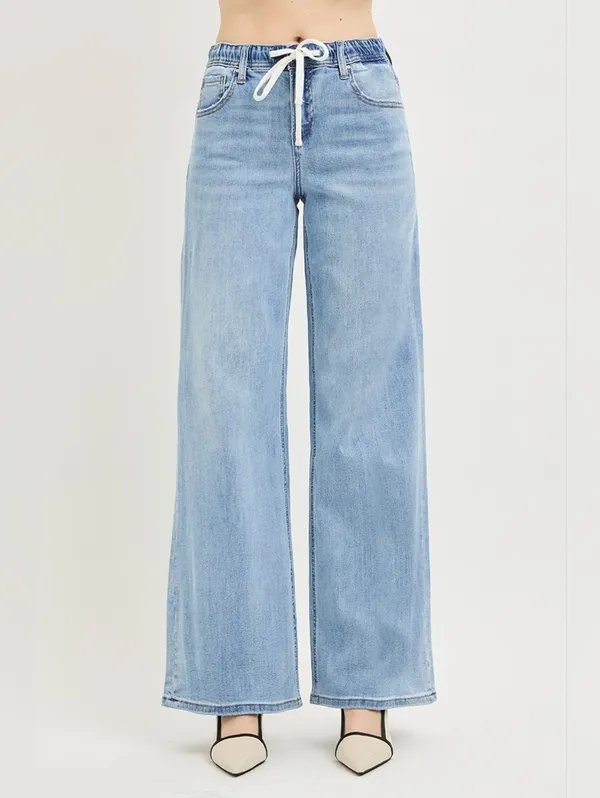 RISEN Light Wash Wide Leg Jeans Elastic Cinch Tie Waist Slouchy Various NEW - Image 4