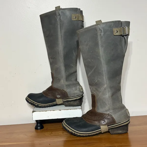 Sorel Slimboot Grey Brown Leather Tall Waterproof Winter Boots NL2007-051 6.5 - Image 2