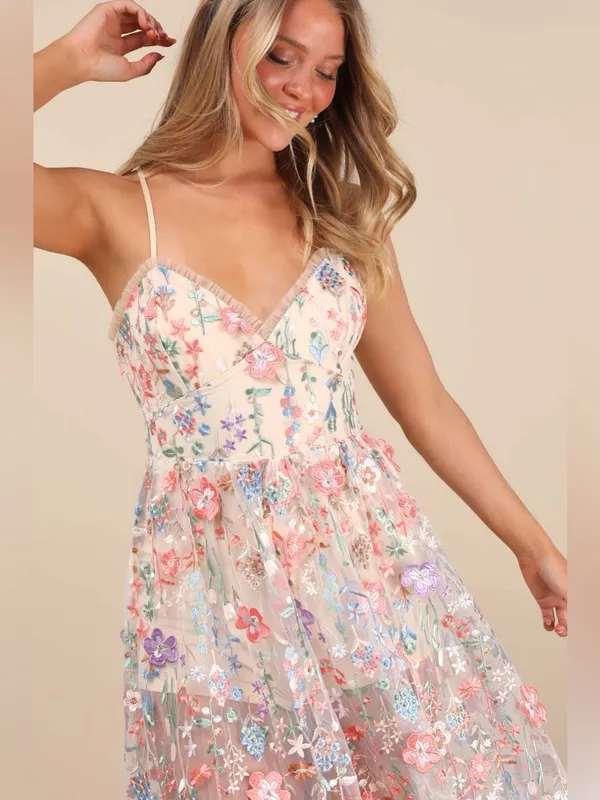 Lulu's Mahryn Beige 3D Floral Embroidered Midi Bodysuit Dress - Image 4