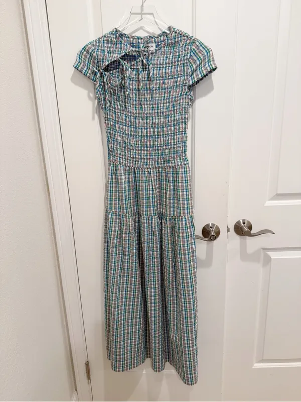 DAMSON MADDER NWT Ebba Smocked Midi Dress in Picnic Blue Check Cottagecore US 2 - Image 4