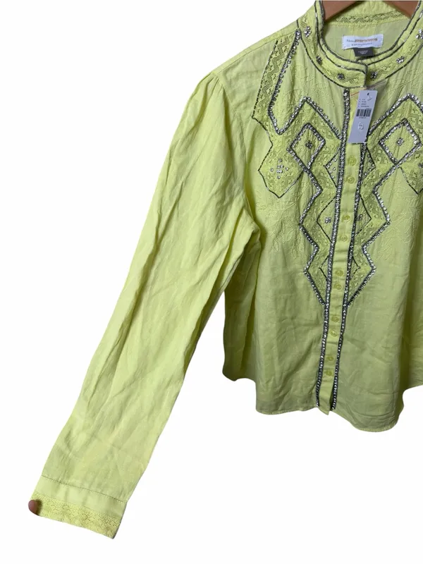 New Pilcro Anthropologie Nayeli Beaded Buttondown Top Chartreuse Size Large - Image 3