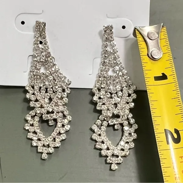 Mod Glam Rhinestone Chandelier Earrings Silver Tone Statement Dangle OS - Image 4