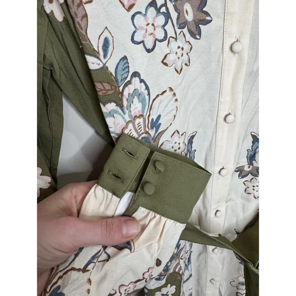 Sézane Button Down Floral Khaki Green Cream Belted Shirt Dress Sz 34 XS - Image 6