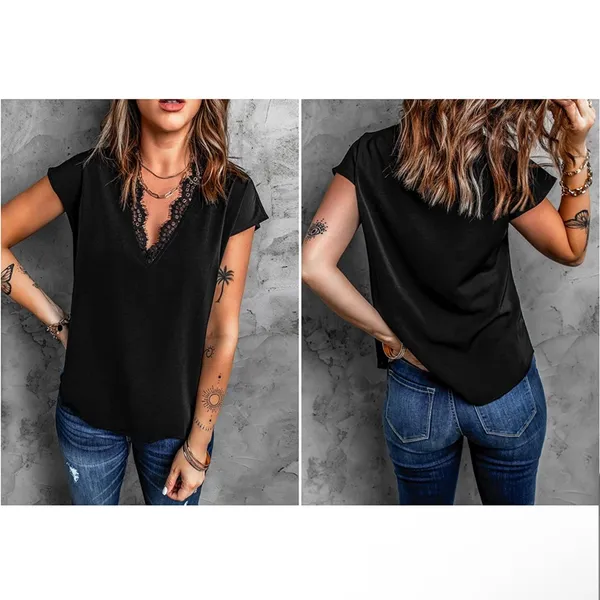 Dressy Lace Trim Blouse Black Size M - Image 2