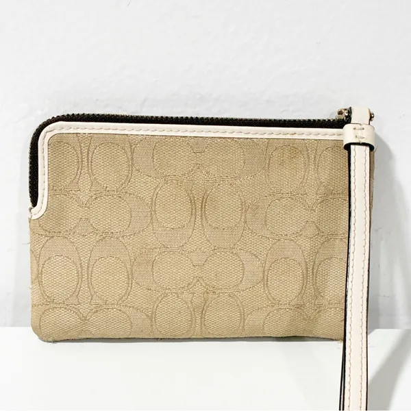 Coach Double Corner Zip Wristlet In Signature Canvas Beige Tan Brown - Image 3