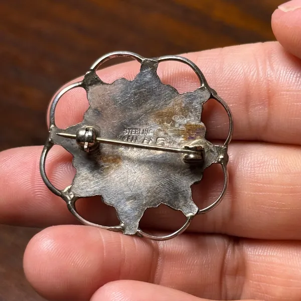Vintage‎ Navajo Sterling Silver Turquoise Cluster Brooch Pin JW MS Signed 1.5in - Image 3