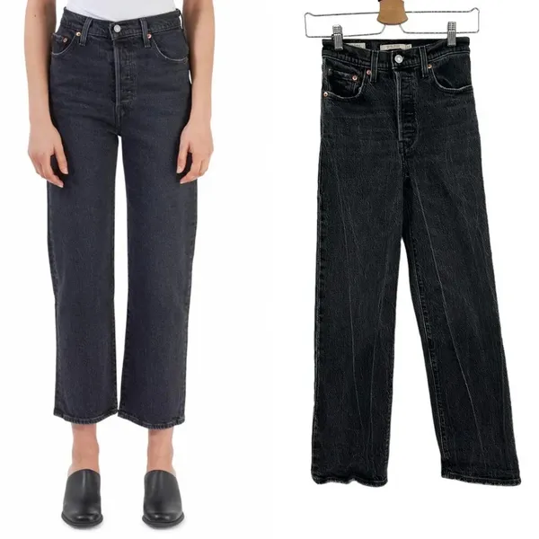 Levi's Ribcage Straight Ankle Jeans Charcoal Gray Black Wash Size 24‎ - Image 2