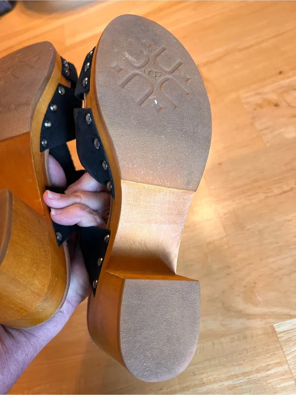 UGG Black Suede Studded Wood Block Heel Sandals - Image 13