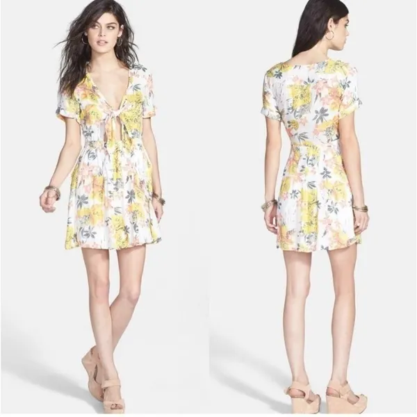 Free People Part Time Lover Floral Tie Front Mini‎ Dress Sz 4 yellow gray - Image 2