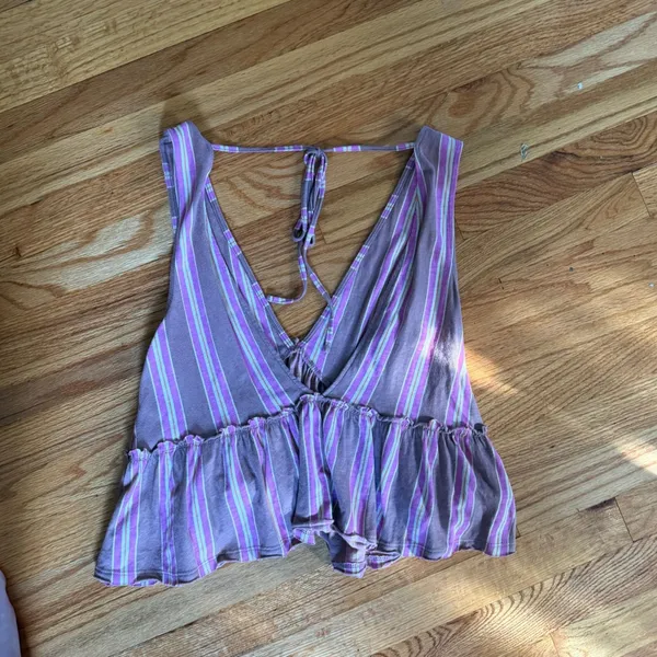 American Eagle Striped Halter Peplum Top Purple Pink Cotton Open Back Boho - Image 3