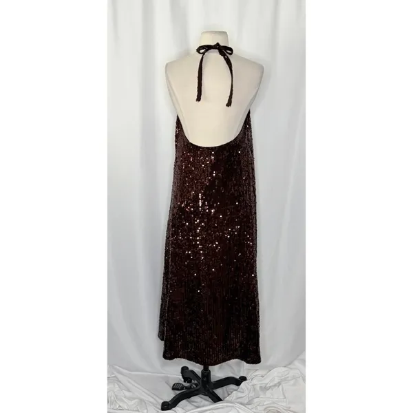 ZARA Chocolate Brown Sequin Halter Maxi Dress‎ Festive Party Sequinned Small - Image 10