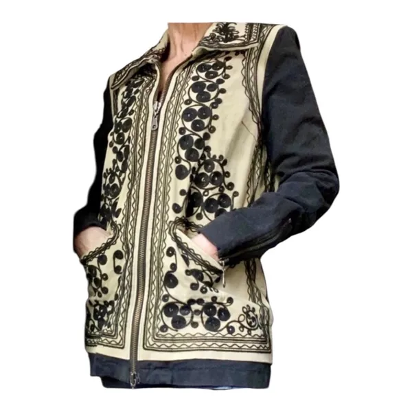 Free People Stitched Quills Embroidered Jacket Cream Black Boho Western Small - Image 13