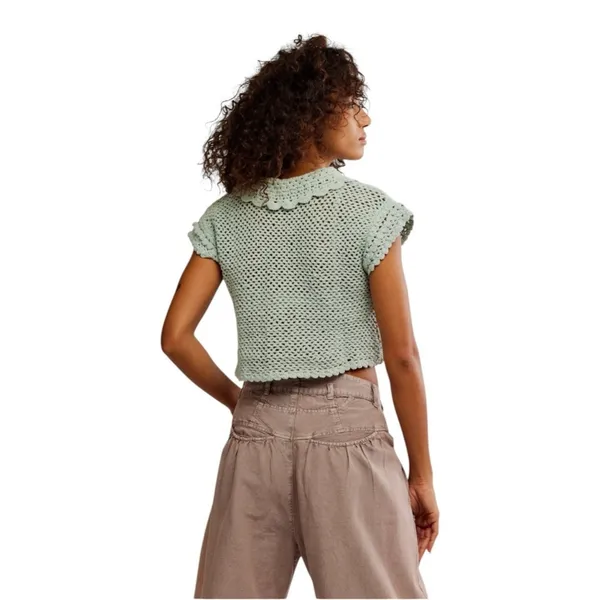 Free People Lily Crochet Cropped Spread Collar Button Down Top Aqua‎ Blue XS - Image 3