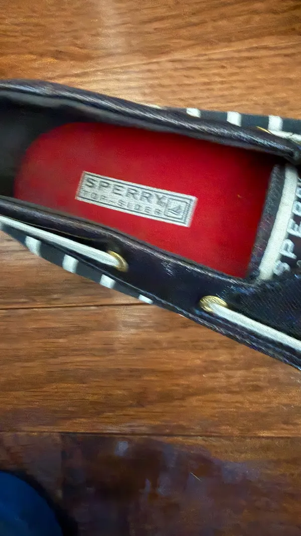 Sperry Black & White Striped Canvas Boat Shoes with Red Insole - Image 11