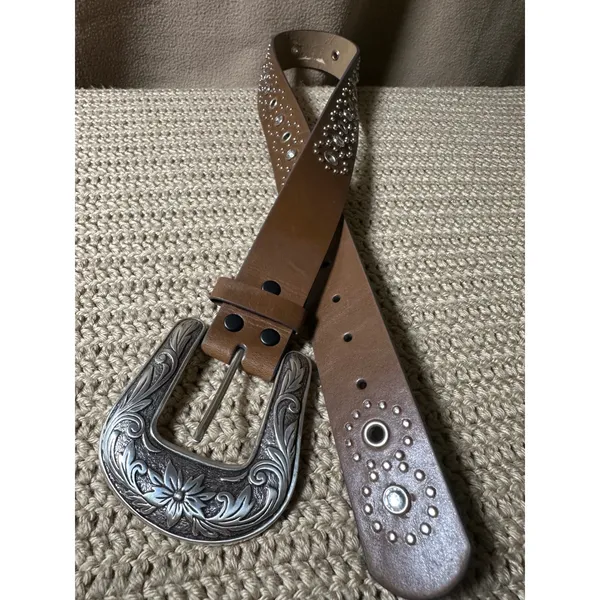 Western Brown Leather Rhinestone Studded Belt Medium Floral Engraved Buckle - Image 3