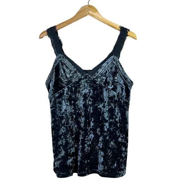 Entro Crushed Velvet Lace Trim Camisole Top Teal Blue Whimsigoth Strappy Size L - Image 3