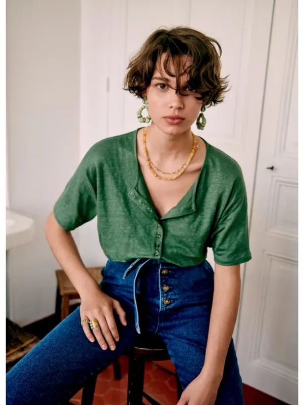 Sézane Joshua Linen T-Shirt in Jade - Image 2