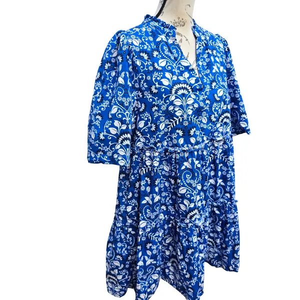 Sugarlips Lulu Floral Dixie‎ Split Neck Shift Dress Blue Floral Paisley Tiered M - Image 4