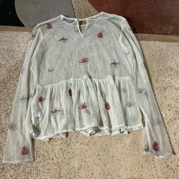 Zara Floral Embroidered Mesh Peplum Top Womens XS Ivory Sequin Sheer Boho Blouse - Image 6