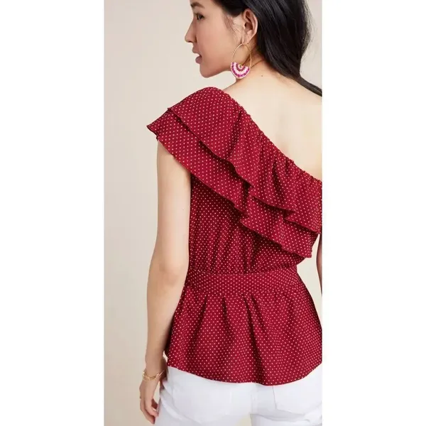 Anthropologie Maeve Rita Ruffled One Shoulder Blouse Red Color White Polka Dot S - Image 2