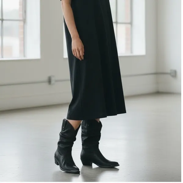 American Rag Black‎ Western Cowboy Boots Ruched Slouchy Block Heel Ankle Boot - Image 3