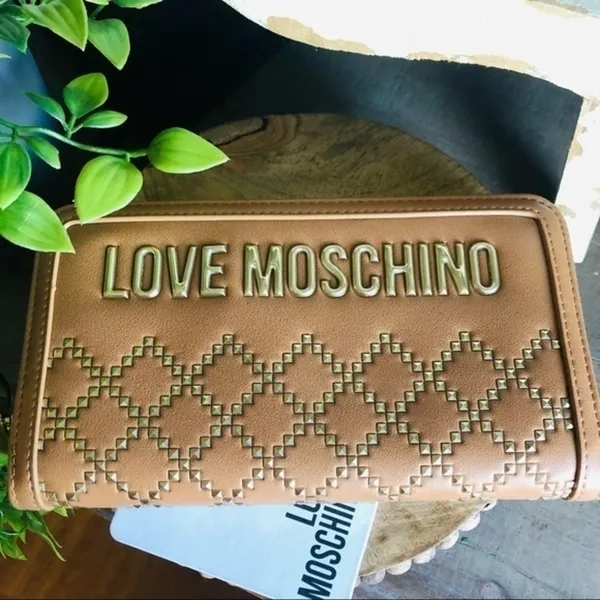 Love Moschino Tan Studded Zip-Around Wallet Gold Logo NWT - Image 6