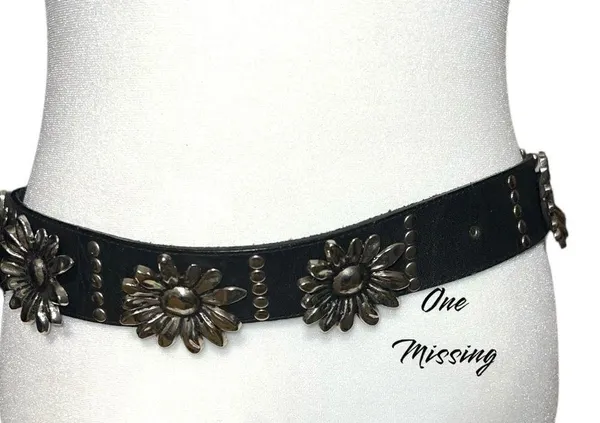 Cute black belt with silver studded detailing, cute silver metal flowers too - Image 4