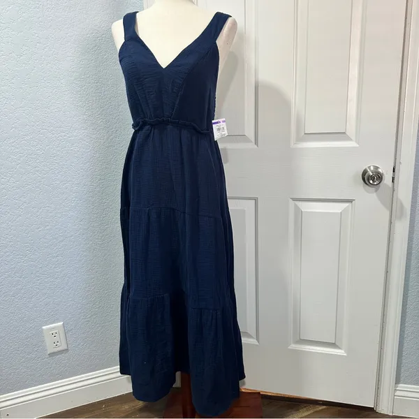 Steve Madden Navy Tiered Maxi Dress Size M Coastal Resort Vacation Casual Beach - Image 6