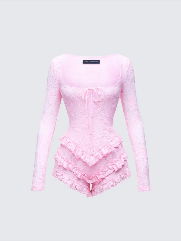 Women's Pink Lace Long-Sleeve Romper - Elegant Sleepwear - Image 4